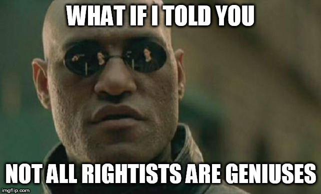 Matrix Morpheus | WHAT IF I TOLD YOU; NOT ALL RIGHTISTS ARE GENIUSES | image tagged in memes,matrix morpheus,rightist,rightists,rightism,genius | made w/ Imgflip meme maker