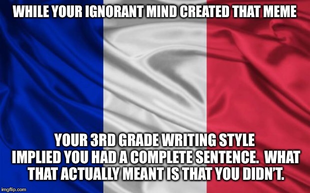 french flag | WHILE YOUR IGNORANT MIND CREATED THAT MEME YOUR 3RD GRADE WRITING STYLE IMPLIED YOU HAD A COMPLETE SENTENCE.  WHAT THAT ACTUALLY MEANT IS TH | image tagged in french flag | made w/ Imgflip meme maker