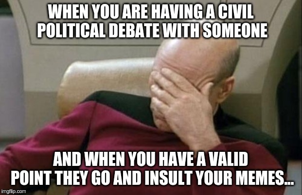 Captain Picard Facepalm | WHEN YOU ARE HAVING A CIVIL POLITICAL DEBATE WITH SOMEONE; AND WHEN YOU HAVE A VALID POINT THEY GO AND INSULT YOUR MEMES... | image tagged in memes,captain picard facepalm | made w/ Imgflip meme maker