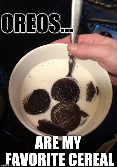 Oreo's |  OREOS... ARE MY FAVORITE CEREAL | image tagged in oreo,cereal,breakfast of champions,stoner soup,funny,lol | made w/ Imgflip meme maker