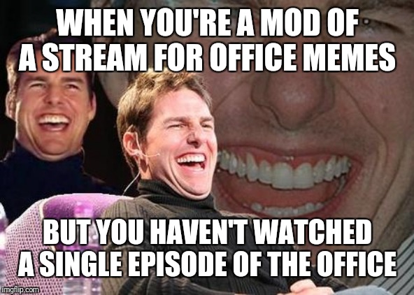 Tom Cruise laugh | WHEN YOU'RE A MOD OF A STREAM FOR OFFICE MEMES; BUT YOU HAVEN'T WATCHED A SINGLE EPISODE OF THE OFFICE | image tagged in tom cruise laugh | made w/ Imgflip meme maker