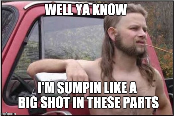 Redneck | WELL YA KNOW; I'M SUMPIN LIKE A BIG SHOT IN THESE PARTS | image tagged in redneck | made w/ Imgflip meme maker