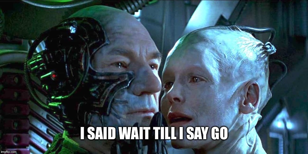 Locutus n borgie | I SAID WAIT TILL I SAY GO | image tagged in locutus n borgie | made w/ Imgflip meme maker