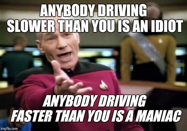 Picard Wtf | ANYBODY DRIVING SLOWER THAN YOU IS AN IDIOT; ANYBODY DRIVING FASTER THAN YOU IS A MANIAC | image tagged in memes,picard wtf | made w/ Imgflip meme maker