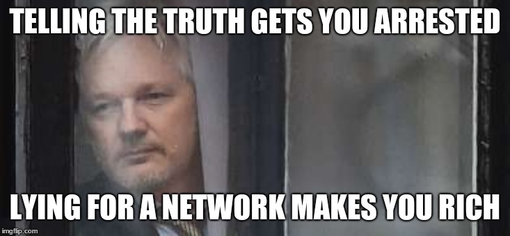 Living in a world ran by criminals | TELLING THE TRUTH GETS YOU ARRESTED; LYING FOR A NETWORK MAKES YOU RICH | image tagged in lurking assange,tell the truth,deep state,fake news,new world order | made w/ Imgflip meme maker