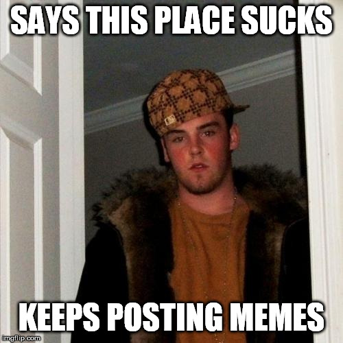 Scumbag Steve | SAYS THIS PLACE SUCKS; KEEPS POSTING MEMES | image tagged in memes,scumbag steve | made w/ Imgflip meme maker