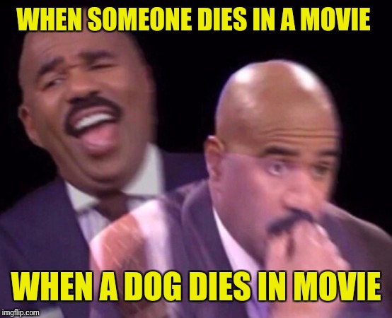 Steve Harvey Laughing Serious | WHEN SOMEONE DIES IN A MOVIE; WHEN A DOG DIES IN MOVIE | image tagged in steve harvey laughing serious | made w/ Imgflip meme maker