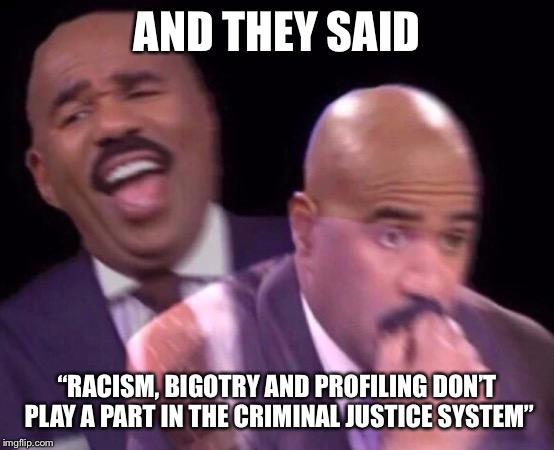 Steve Harvey Laughing Serious | AND THEY SAID “RACISM, BIGOTRY AND PROFILING DON’T PLAY A PART IN THE CRIMINAL JUSTICE SYSTEM” | image tagged in steve harvey laughing serious | made w/ Imgflip meme maker