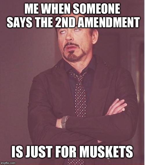 Face You Make Robert Downey Jr | ME WHEN SOMEONE SAYS THE 2ND AMENDMENT; IS JUST FOR MUSKETS | image tagged in memes,face you make robert downey jr | made w/ Imgflip meme maker