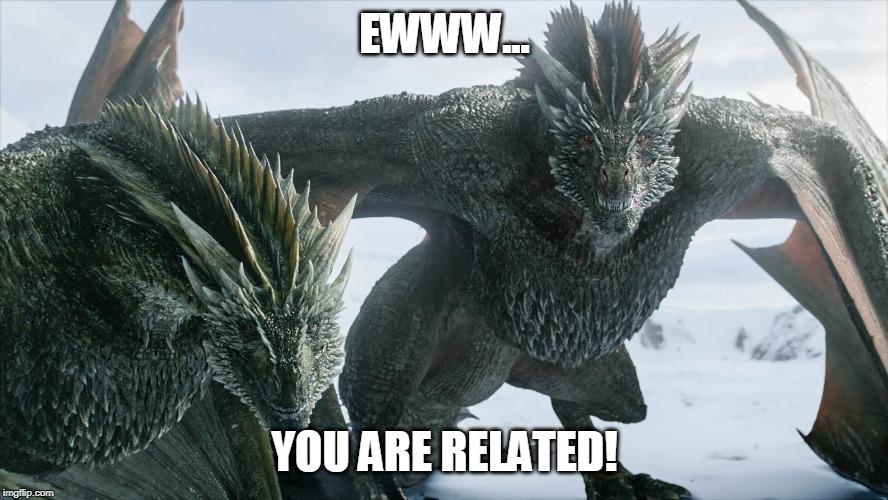 EWWW... YOU ARE RELATED! | image tagged in game of thrones,dragons,drogon,rhaegal,kiss | made w/ Imgflip meme maker