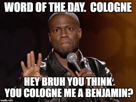 kevin hart | WORD OF THE DAY.  COLOGNE HEY BRUH YOU THINK YOU COLOGNE ME A BENJAMIN? | image tagged in kevin hart | made w/ Imgflip meme maker