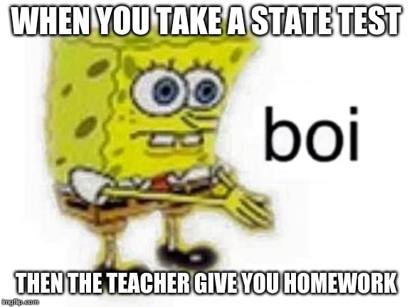 WHEN YOU TAKE A STATE TEST; THEN THE TEACHER GIVE YOU HOMEWORK | image tagged in spongebob,boi | made w/ Imgflip meme maker