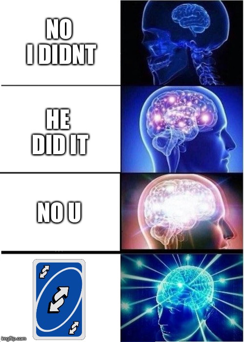 Expanding Brain | NO I DIDNT; HE DID IT; NO U | image tagged in memes,expanding brain | made w/ Imgflip meme maker