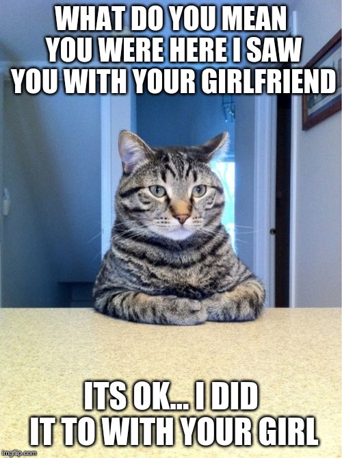 Take A Seat Cat | WHAT DO YOU MEAN YOU WERE HERE I SAW YOU WITH YOUR GIRLFRIEND; ITS OK... I DID IT TO WITH YOUR GIRL | image tagged in memes,take a seat cat | made w/ Imgflip meme maker