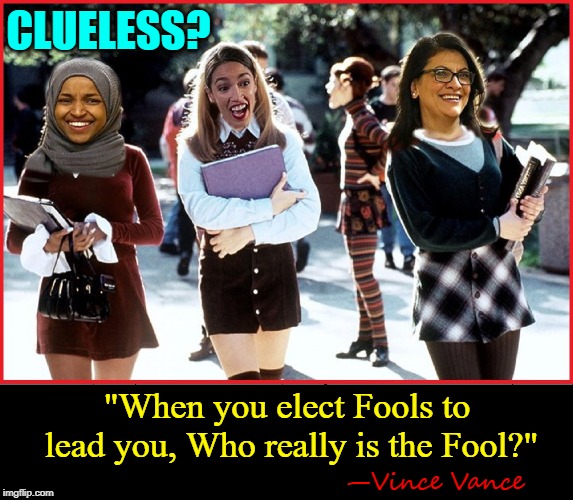 A Jew Hater, A Failed Bartender, Miss Potty Mouth | CLUELESS? "When you elect Fools to lead you, Who really is the Fool?"; —Vince Vance | image tagged in vince vance,clueless,aoc,illhan omar,rashida tlaib,anti-american | made w/ Imgflip meme maker