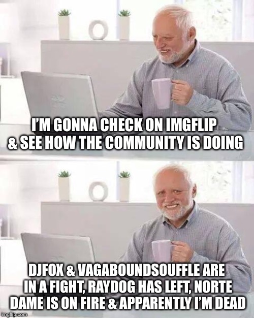 Hide the Pain Harold | I’M GONNA CHECK ON IMGFLIP & SEE HOW THE COMMUNITY IS DOING; DJFOX & VAGABOUNDSOUFFLE ARE IN A FIGHT, RAYDOG HAS LEFT, NORTE DAME IS ON FIRE & APPARENTLY I’M DEAD | image tagged in memes,hide the pain harold | made w/ Imgflip meme maker