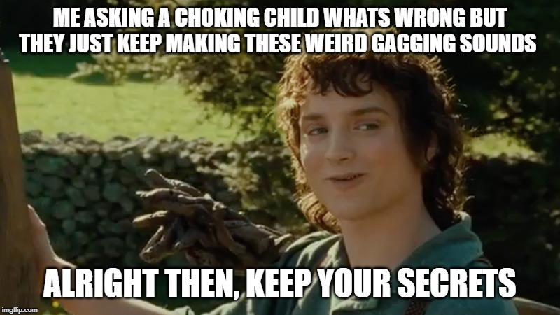are you choking? are you choking?? | ME ASKING A CHOKING CHILD WHATS WRONG BUT THEY JUST KEEP MAKING THESE WEIRD GAGGING SOUNDS; ALRIGHT THEN, KEEP YOUR SECRETS | image tagged in frodo alright then keep your secrets | made w/ Imgflip meme maker