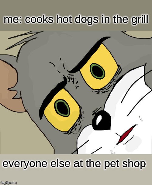 them dogs look hot | me: cooks hot dogs in the grill; everyone else at the pet shop | image tagged in memes,unsettled tom | made w/ Imgflip meme maker