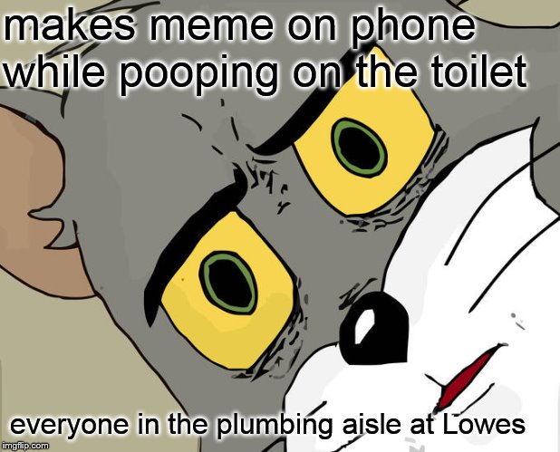 Unsettled Tom | makes meme on phone while pooping on the toilet; everyone in the plumbing aisle at Lowes | image tagged in memes,unsettled tom | made w/ Imgflip meme maker