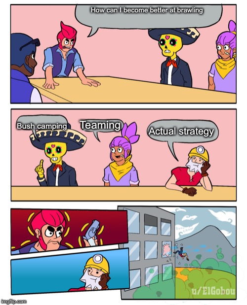 Brawl Stars Boardroom Meeting Suggestion | How can I become better at brawling; Bush camping; Teaming; Actual strategy | image tagged in brawl stars boardroom meeting suggestion | made w/ Imgflip meme maker