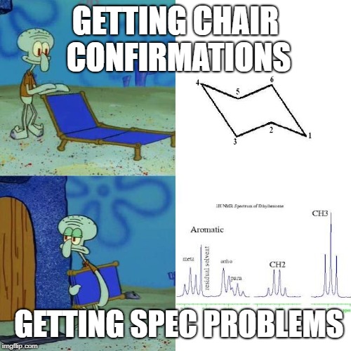 Squidward Lounge Chair Meme | GETTING CHAIR CONFIRMATIONS; GETTING SPEC PROBLEMS | image tagged in squidward lounge chair meme | made w/ Imgflip meme maker