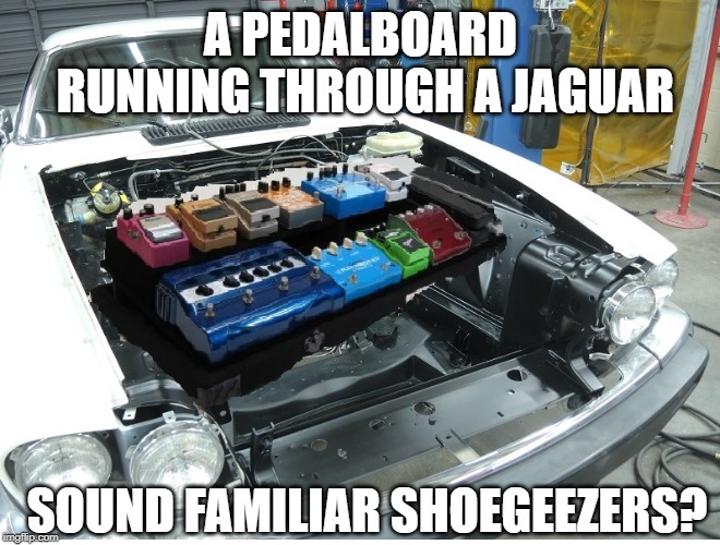 Jaguar pedalboard engine | A PEDALBOARD RUNNING THROUGH A JAGUAR; SOUND FAMILIAR SHOEGEEZERS? | image tagged in shoegaze meme,shoegaze memes,jaguar,pedals,pedalboard meme,car meme | made w/ Imgflip meme maker
