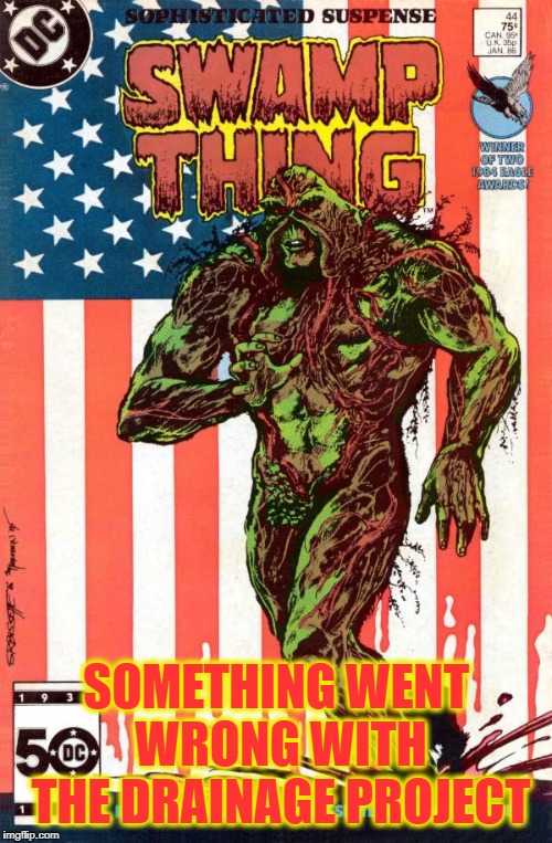 DC's SWAMP THING | SOMETHING WENT WRONG WITH THE DRAINAGE PROJECT | image tagged in swamp thing,dc,drain the swamp | made w/ Imgflip meme maker