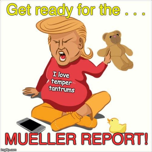 I love temper tantrums - Mueller Report |  Get ready for the . . . I love temper 
tantrums; MUELLER REPORT! | image tagged in trump tantrum,trump mueller report,trump lies,trump revenge,angry trump,trump hates everyone | made w/ Imgflip meme maker