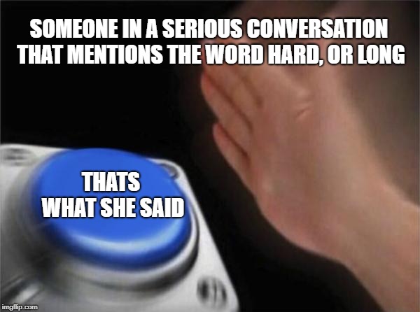 thats what she said | SOMEONE IN A SERIOUS CONVERSATION THAT MENTIONS THE WORD HARD, OR LONG; THATS WHAT SHE SAID | image tagged in memes,blank nut button | made w/ Imgflip meme maker
