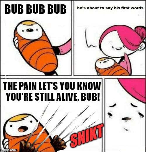 Surprise! You're an X-mama | BUB BUB BUB; THE PAIN LET'S YOU KNOW YOU'RE STILL ALIVE, BUB! SNIKT | image tagged in baby first words,wolverine,pain,claws | made w/ Imgflip meme maker