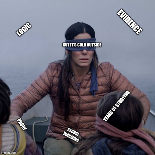 Bird Box Meme | EVIDENCE; LOGIC; BUT IT'S COLD OUTSIDE; YEARS OF STUDYING; PROOF; GLOBAL WARMING | image tagged in memes,bird box | made w/ Imgflip meme maker