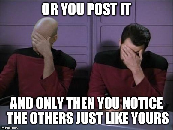 Double Facepalm | OR YOU POST IT AND ONLY THEN YOU NOTICE THE OTHERS JUST LIKE YOURS | image tagged in double facepalm | made w/ Imgflip meme maker