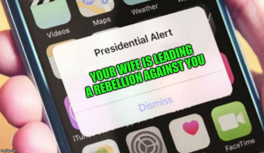 Presidential Alert Meme | YOUR WIFE IS LEADING A REBELLION AGAINST YOU | image tagged in memes,presidential alert | made w/ Imgflip meme maker