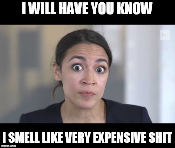 Crazy Alexandria Ocasio-Cortez | I WILL HAVE YOU KNOW I SMELL LIKE VERY EXPENSIVE SHIT | image tagged in crazy alexandria ocasio-cortez | made w/ Imgflip meme maker