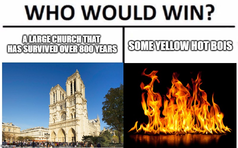 who would win | A LARGE CHURCH THAT HAS SURVIVED OVER 800 YEARS; SOME YELLOW HOT BOIS | image tagged in memes,who would win | made w/ Imgflip meme maker
