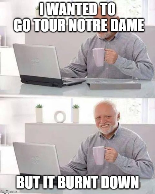 Hide the Pain Harold | I WANTED TO GO TOUR NOTRE DAME; BUT IT BURNT DOWN | image tagged in memes,hide the pain harold | made w/ Imgflip meme maker