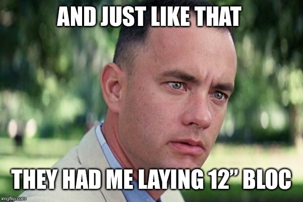 And Just Like That Meme | AND JUST LIKE THAT; THEY HAD ME LAYING 12” BLOCKS | image tagged in forrest gump | made w/ Imgflip meme maker