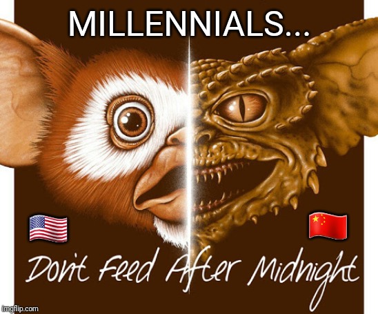 The Millennials are coming! | MILLENNIALS... 🇺🇸; 🇨🇳 | image tagged in millennials,socialism,communism,marxism,gremlins | made w/ Imgflip meme maker
