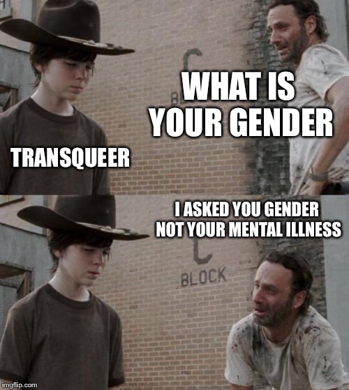 Rick and Carl Meme | WHAT IS YOUR GENDER; TRANSQUEER; I ASKED YOU GENDER NOT YOUR MENTAL ILLNESS | image tagged in memes,rick and carl | made w/ Imgflip meme maker