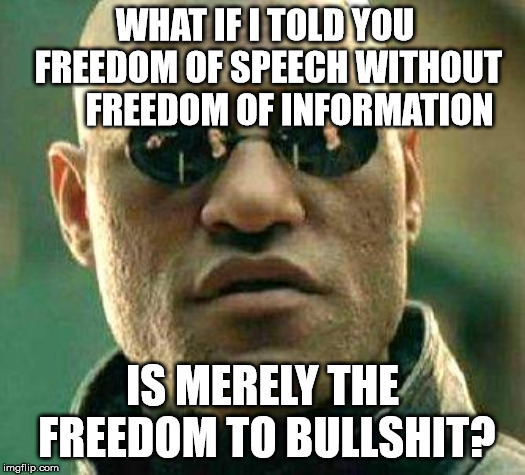 What if i told you |  WHAT IF I TOLD YOU FREEDOM OF SPEECH WITHOUT       FREEDOM OF INFORMATION; IS MERELY THE FREEDOM TO BULLSHIT? | image tagged in what if i told you,AdviceAnimals | made w/ Imgflip meme maker