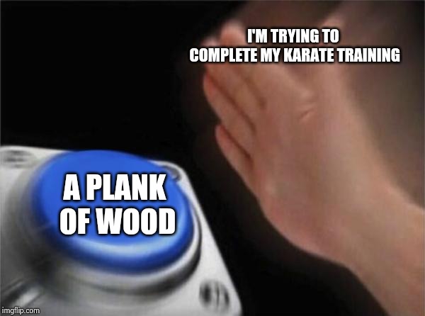 Blank Nut Button Meme | I'M TRYING TO COMPLETE MY KARATE TRAINING; A PLANK OF WOOD | image tagged in memes,blank nut button | made w/ Imgflip meme maker
