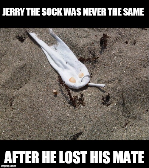 sad sock | JERRY THE SOCK WAS NEVER THE SAME; AFTER HE LOST HIS MATE | image tagged in socks,sad | made w/ Imgflip meme maker