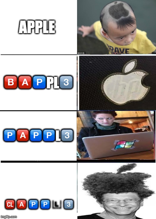 A P P L E (I made this on a mac). | APPLE; 🅱️🅰️🅿️PL3️⃣; 🅿️🅰️🅿️🅿️L3️⃣; 🆑 🅰️ 🅿️ 🅿️ 🇱 3️⃣ | image tagged in memes,expanding brain,mac,apple,apple inc,iphone | made w/ Imgflip meme maker