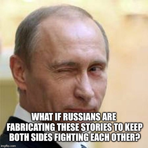 Putin Winking | WHAT IF RUSSIANS ARE FABRICATING THESE STORIES TO KEEP BOTH SIDES FIGHTING EACH OTHER? | image tagged in putin winking | made w/ Imgflip meme maker
