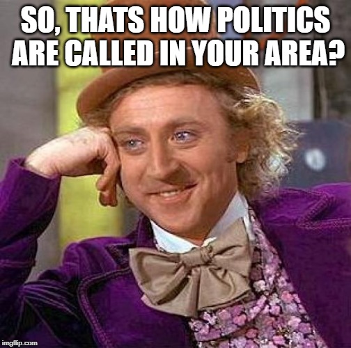 Creepy Condescending Wonka Meme | SO, THATS HOW POLITICS ARE CALLED IN YOUR AREA? | image tagged in memes,creepy condescending wonka | made w/ Imgflip meme maker