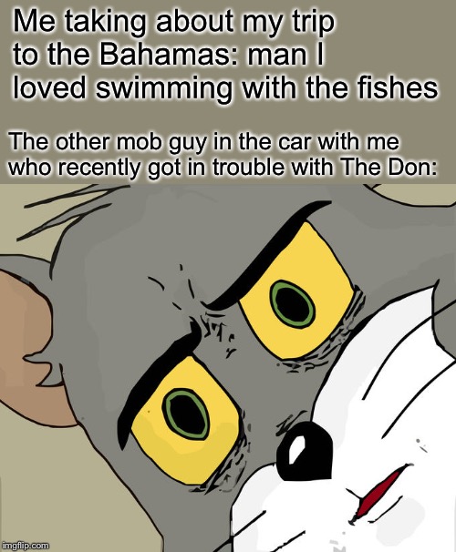 Unsettled Tom Meme | Me taking about my trip to the Bahamas: man I loved swimming with the fishes; The other mob guy in the car with me who recently got in trouble with The Don: | image tagged in memes,unsettled tom | made w/ Imgflip meme maker