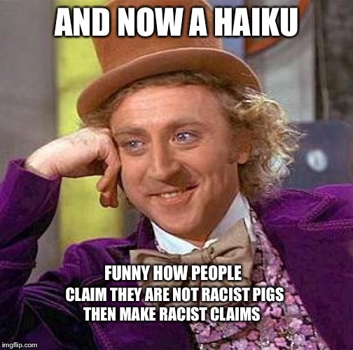 Creepy Condescending Wonka Meme | AND NOW A HAIKU FUNNY HOW PEOPLE CLAIM THEY ARE NOT RACIST PIGS THEN MAKE RACIST CLAIMS | image tagged in memes,creepy condescending wonka | made w/ Imgflip meme maker
