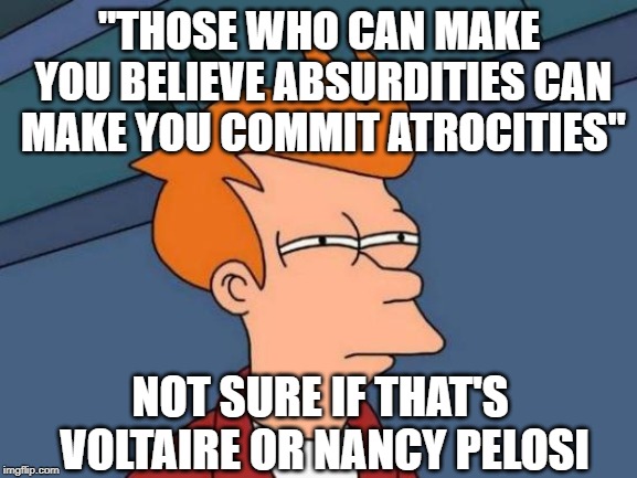 HUH? | "THOSE WHO CAN MAKE YOU BELIEVE ABSURDITIES CAN MAKE YOU COMMIT ATROCITIES"; NOT SURE IF THAT'S VOLTAIRE OR NANCY PELOSI | image tagged in memes,futurama fry | made w/ Imgflip meme maker