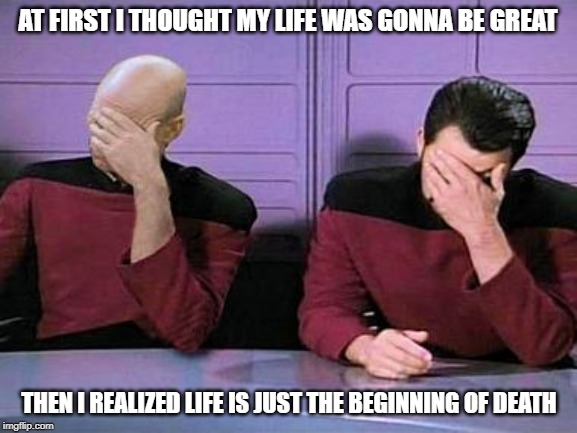 double face palm | AT FIRST I THOUGHT MY LIFE WAS GONNA BE GREAT; THEN I REALIZED LIFE IS JUST THE BEGINNING OF DEATH | image tagged in double face palm | made w/ Imgflip meme maker