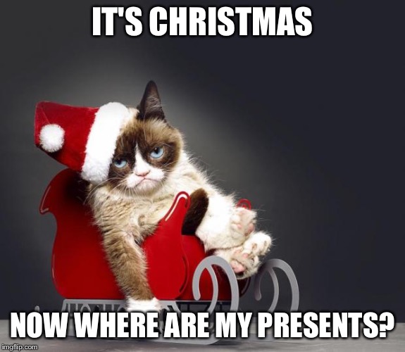 Grumpy Cat Christmas HD | IT'S CHRISTMAS; NOW WHERE ARE MY PRESENTS? | image tagged in grumpy cat christmas hd | made w/ Imgflip meme maker